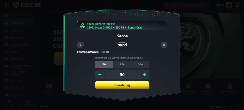 KinBet Einzahlung mit Paysafecard in Wettseite